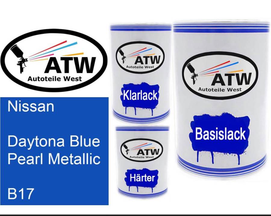 Nissan, Daytona Blue Pearl Metallic, B17: 500ml Lackdose + 500ml Klarlack + 250ml Härter - Set, von ATW Autoteile West.